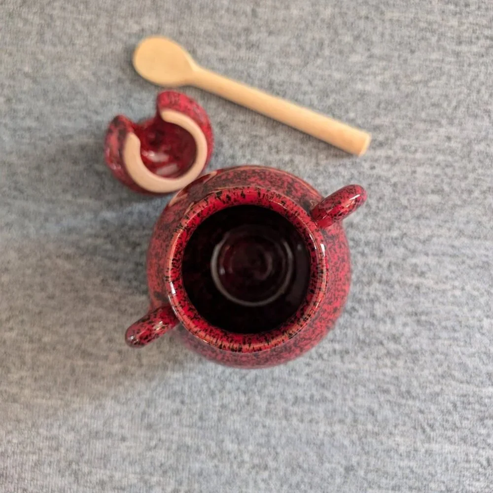 Mini Red Spackled Honey/Sugar/Spice Pot with Wooden Spoon - Picture 3 of 4